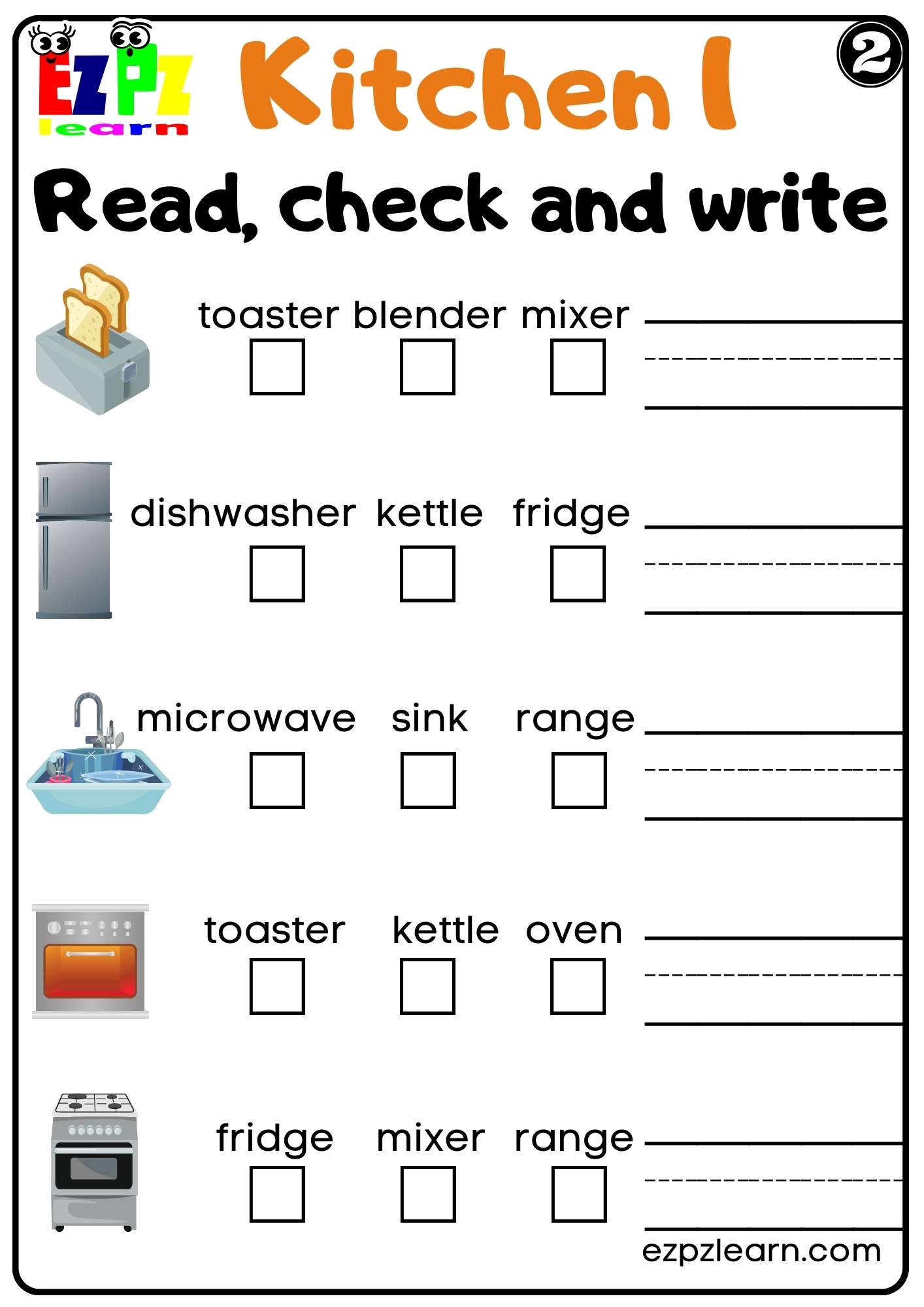 Kitchen Appliances Read Check And Write Worksheet For Homeschool And ...